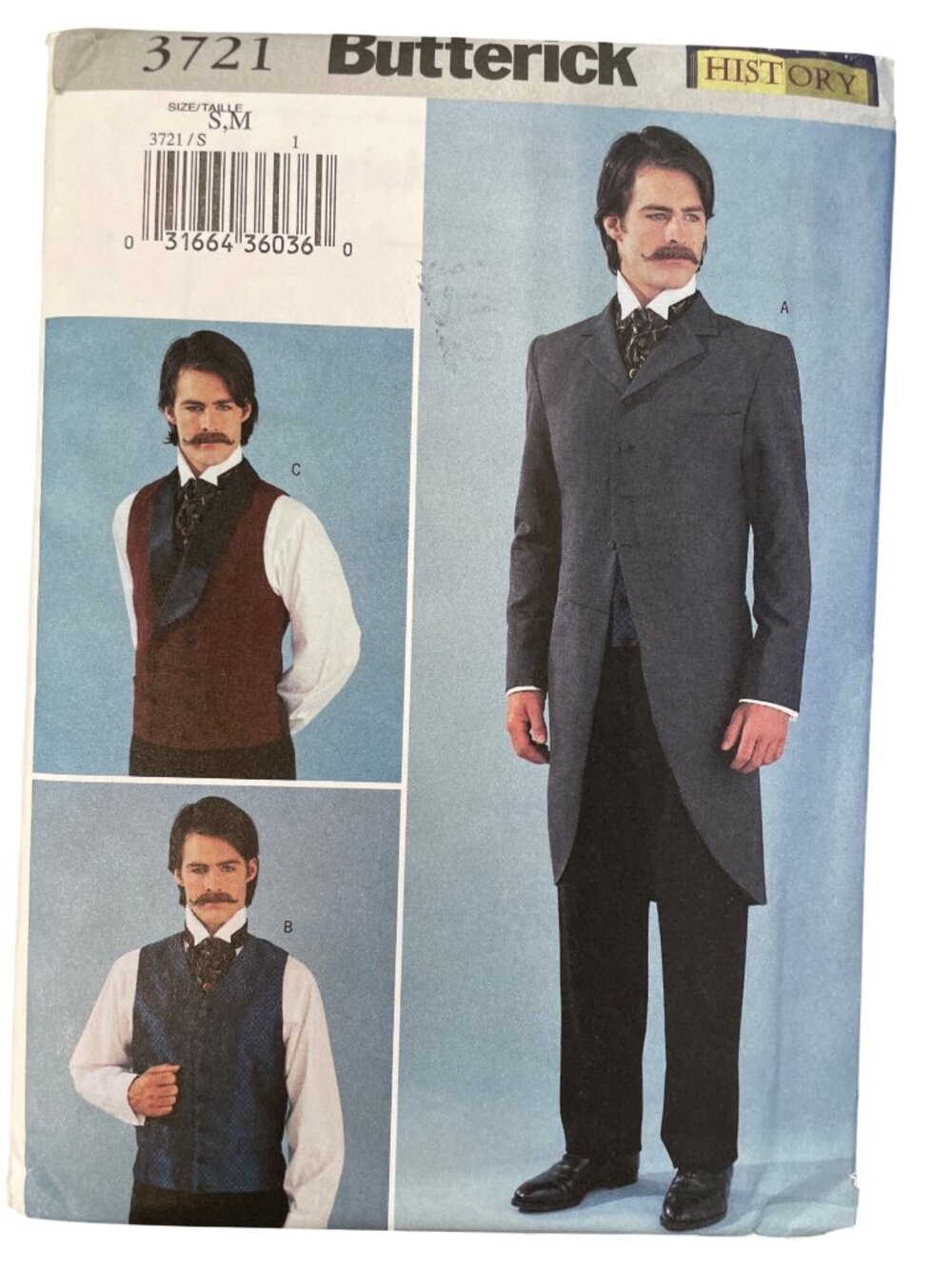 Butterick 3721 Pattern S/M Victorian Edwardian Cutaway Jacket Vest Mens UNCUT